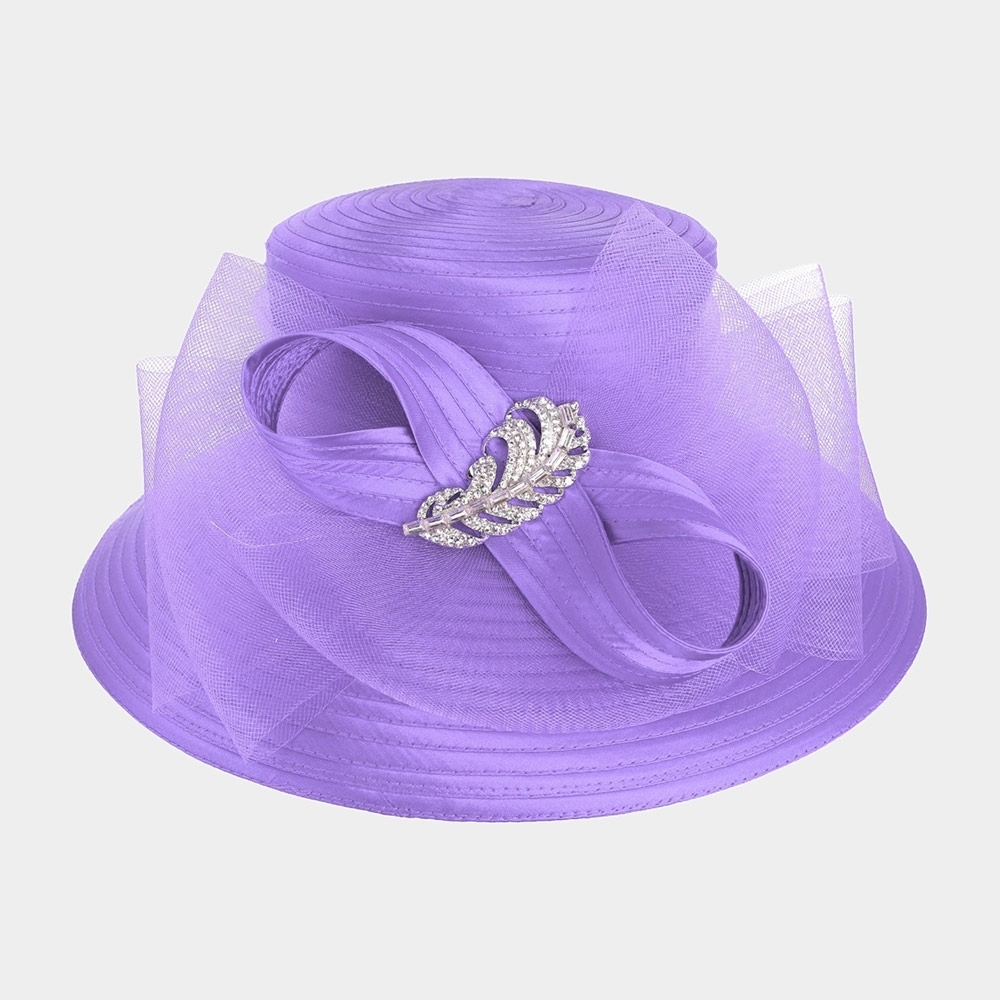 Lavender Rhinestone Feather Mesh Bow Organza Dressy Kentucky Derby Church Hat